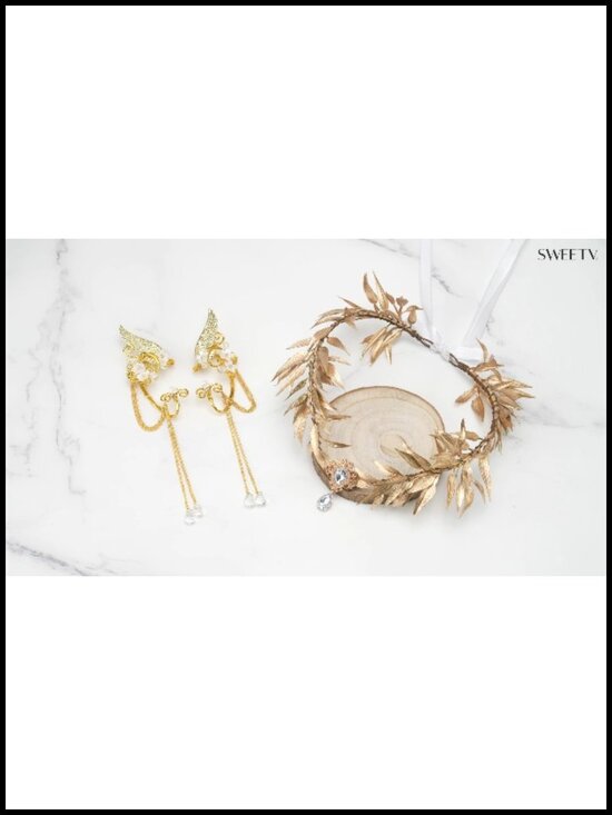 Fairy Flower Leaf Crown Tiara Elf Headpiece Cosplay Headband with Ear Cuffs